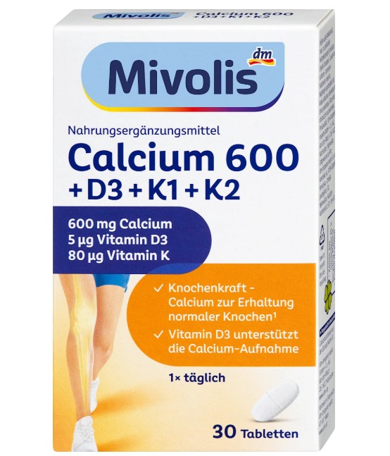 Viên uống Mivolis Calcium 600 + Vitamin D3 + K1 + K2, 30 viên
