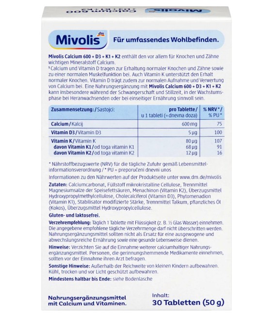 Viên uống Mivolis Calcium 600 + Vitamin D3 + K1 + K2, 30 viên Viên uống Mivolis Calcium 600 + Vitamin D3 + K1 + K2, 30 viên