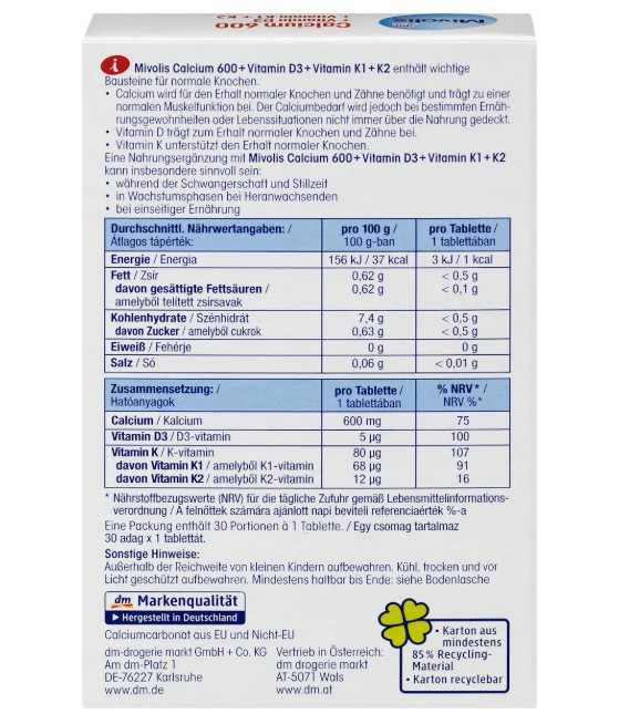 Viên uống Mivolis Calcium 600 + Vitamin D3 + K1 + K2, 30 viên Viên uống Mivolis Calcium 600 + Vitamin D3 + K1 + K2, 30 viên