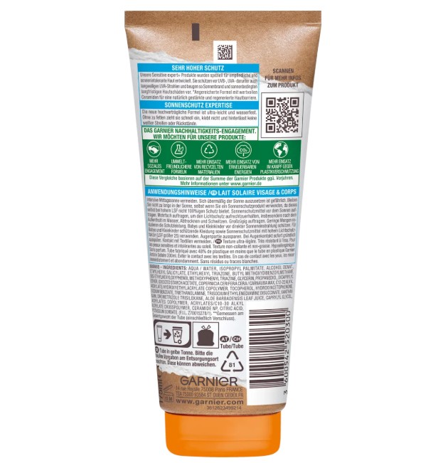 Kem chống nắng Garnier Ambre Solaire Sensitive Expert+ Sonnenmilch LFS 50+, 175ml Kem chống nắng Garnier Ambre Solaire Sensitive Expert+ Sonnenmilch LFS 50+, 175ml