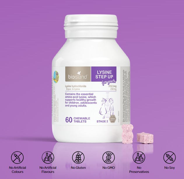 Viên nhai Bio Island Lysine Step Up For Youth, 60 viên Viên nhai Bio Island Lysine Step Up For Youth, 60 viên