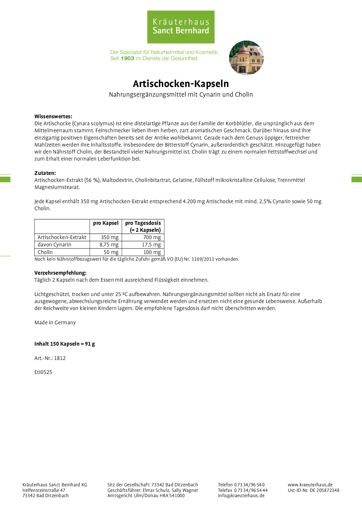 Viên uống bổ gan Sanct Bernhard Artischocken Kapseln, 150 viên Viên uống bổ gan Sanct Bernhard Artischocken Kapseln, 150 viên