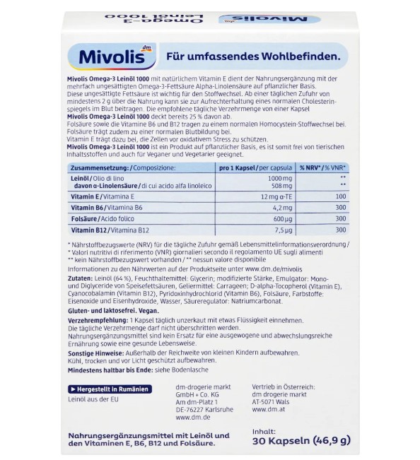 Viên uống Mivolis Omega-3 Leinöl 1000 chiết xuất dầu hạt lanh, 30 viên Viên uống Mivolis Omega-3 Leinöl 1000 chiết xuất dầu hạt lanh, 30 viên