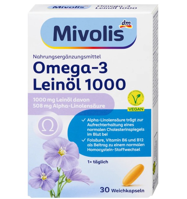 Viên uống Mivolis Omega-3 Leinöl 1000 chiết xuất dầu hạt lanh, 30 viên Viên uống Mivolis Omega-3 Leinöl 1000 chiết xuất dầu hạt lanh, 30 viên