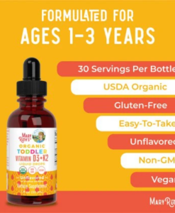 Vitamin D3 K2 hữu cơ Maryruth's Organic Toddler Vitamin D3 + K2 Liquid Drops cho trẻ từ 1-3 tuổi, 30ml