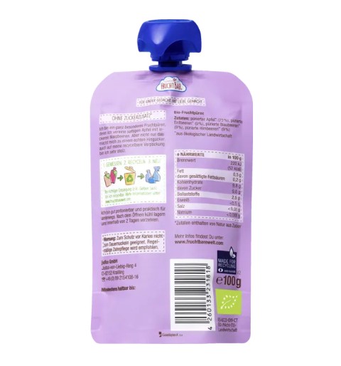 Hoa quả nghiền hữu cơ Fruchtbar Bio Fruchtpüree Apfel Waldfrucht táo và quả mọng, 100g Hoa quả nghiền hữu cơ Fruchtbar Bio Fruchtpüree Apfel Waldfrucht táo và quả mọng, 100g