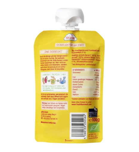 Hoa quả nghiền hữu cơ Fruchtbar Bio Fruchtpüree Mango, Orange, Kokosmilch, Banane - xoài cam dừa chuối, 100g Hoa quả nghiền hữu cơ Fruchtbar Bio Fruchtpüree Mango, Orange, Kokosmilch, Banane - xoài cam dừa chuối, 100g