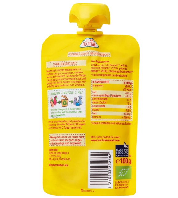 Hoa quả nghiền hữu cơ Fruchtbar Bio Fruchtpüree Mango Pfirsich Banane - xoài đào chuối, 100g Hoa quả nghiền hữu cơ Fruchtbar Bio Fruchtpüree Mango Pfirsich Banane - xoài đào chuối, 100g