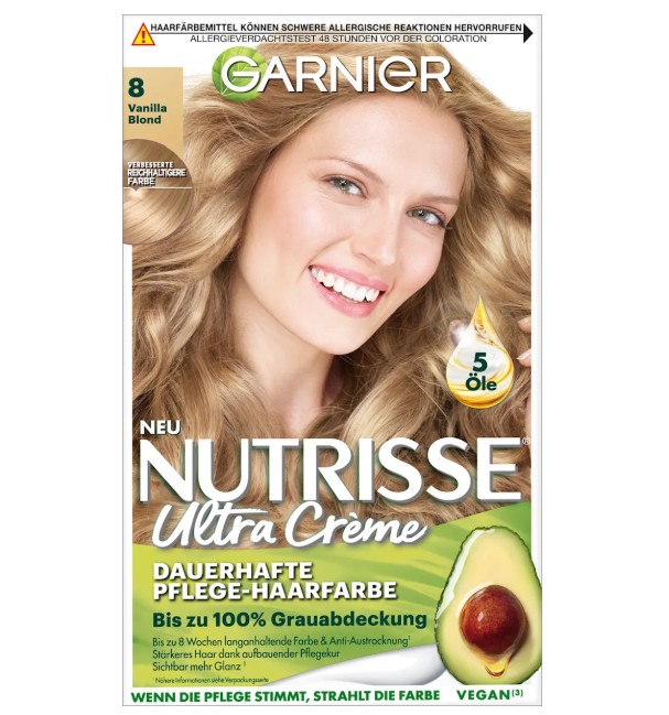 Thuốc nhuộm tóc Garnier Nutrisse 8 Vanilla Blond - màu vàng vanilla, 1 hộp Thuốc nhuộm tóc Garnier Nutrisse 8 Vanilla Blond - màu vàng vanilla, 1 hộp