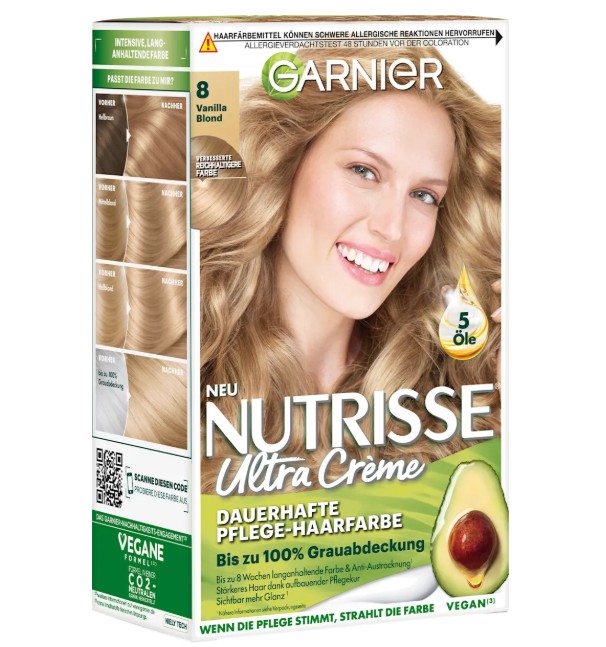Thuốc nhuộm tóc Garnier Nutrisse 8 Vanilla Blond - màu vàng vanilla, 1 hộp Thuốc nhuộm tóc Garnier Nutrisse 8 Vanilla Blond - màu vàng vanilla, 1 hộp
