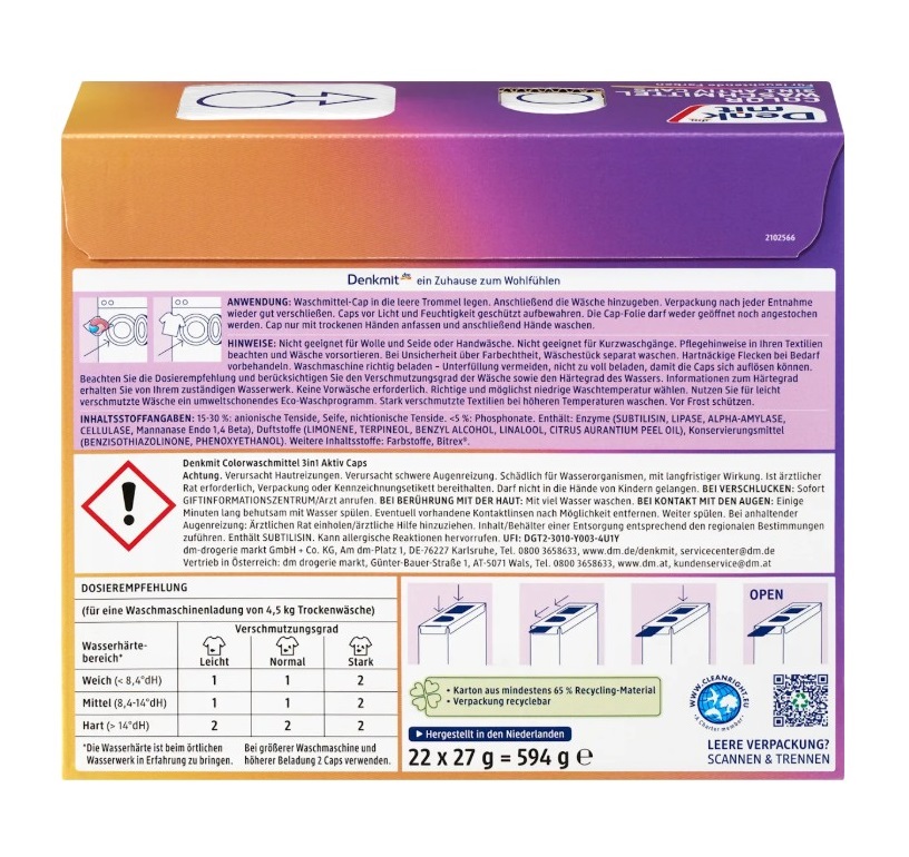 Viên giặt xả Denkmit Colorwaschmittel 3in1 Aktiv Caps cho quần áo màu, 22 viên Viên giặt xả Denkmit Colorwaschmittel 3in1 Aktiv Caps cho quần áo màu, 22 viên