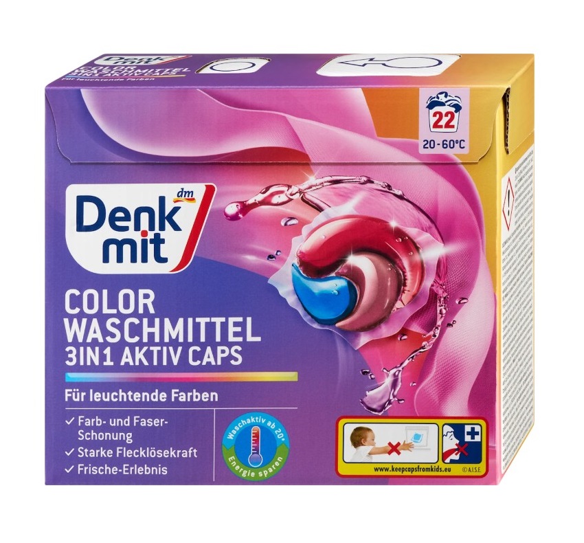 Viên giặt xả Denkmit Colorwaschmittel 3in1 Aktiv Caps cho quần áo màu, 22 viên Viên giặt xả Denkmit Colorwaschmittel 3in1 Aktiv Caps cho quần áo màu, 22 viên