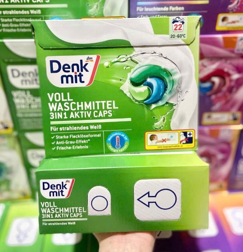 Viên giặt xả Denkmit Wollwaschmittel 3in1 Aktiv Caps cho quần áo trắng, 22 viên Viên giặt xả Denkmit Wollwaschmittel 3in1 Aktiv Caps cho quần áo trắng, 22 viên