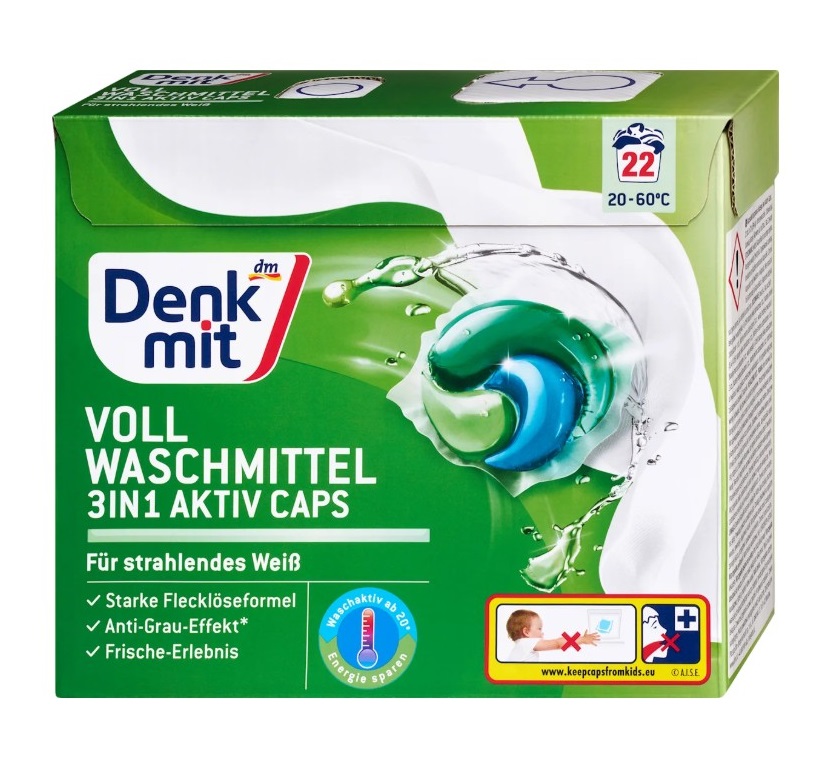 Viên giặt xả Denkmit Wollwaschmittel 3in1 Aktiv Caps cho quần áo trắng, 22 viên Viên giặt xả Denkmit Wollwaschmittel 3in1 Aktiv Caps cho quần áo trắng, 22 viên