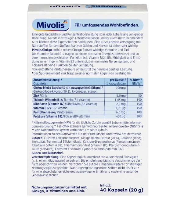 Viên uống bổ não Mivolis Ginkgo, 40 viên Viên uống bổ não Mivolis Ginkgo, 40 viên