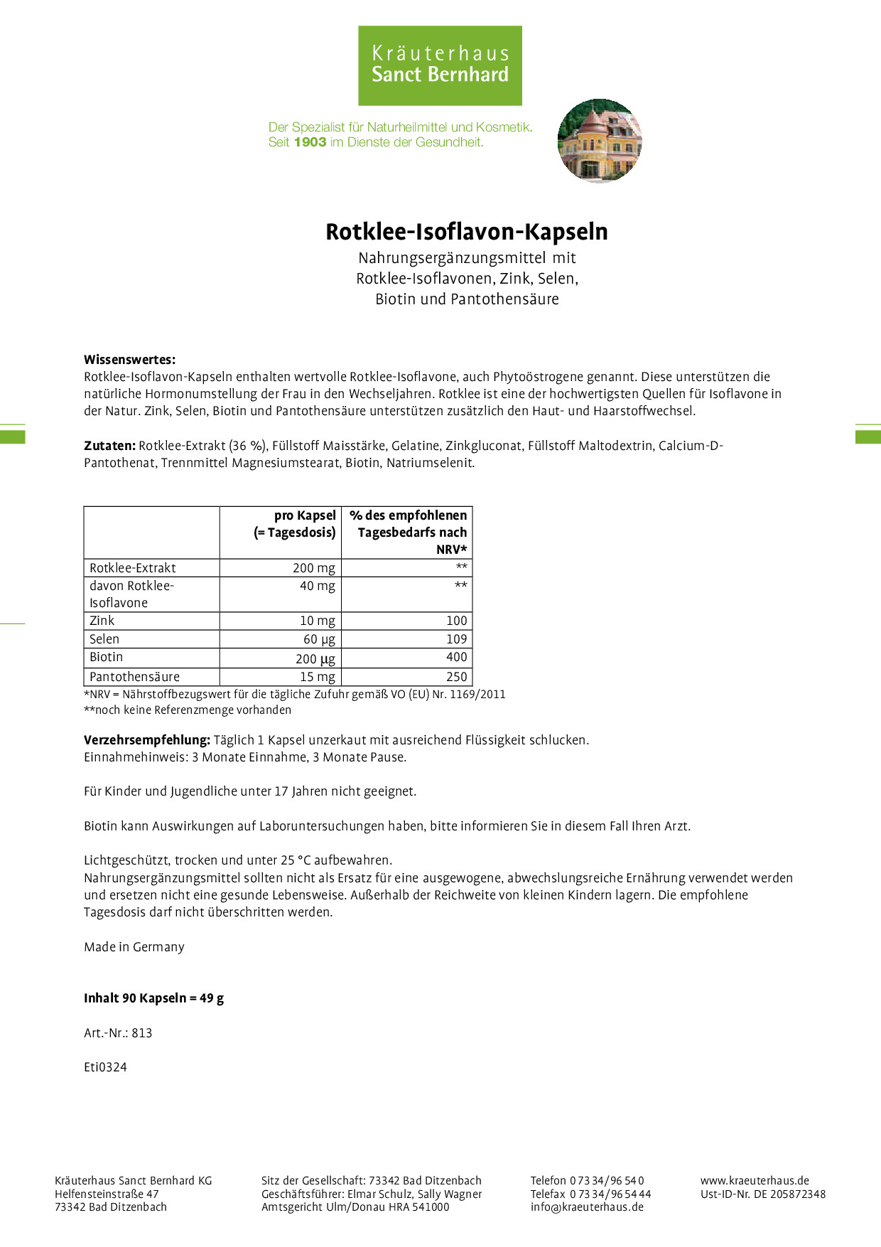 Viên uống Sanct Bernhard Rotklee Isoflavon cân bằng nội tiết tố, 90 viên Viên uống Sanct Bernhard Rotklee Isoflavon cân bằng nội tiết tố, 90 viên