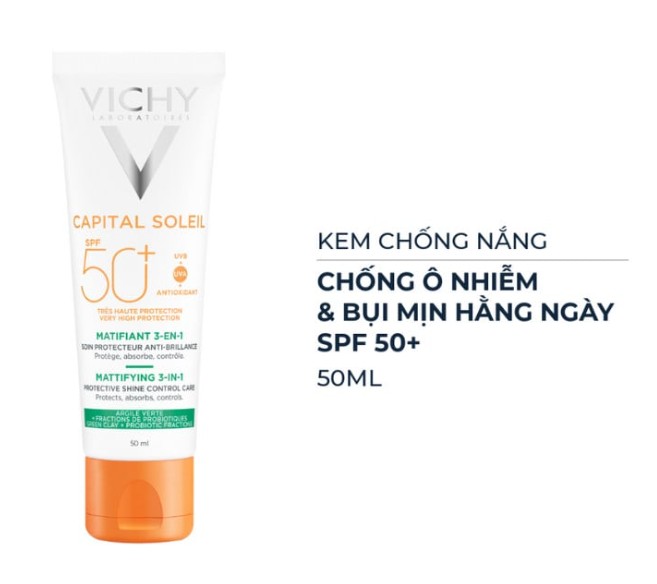 Kem chống nắng Vichy Capital Soleil Mattifying 3in1 SPF50+ cho da dầu, 50ml Kem chống nắng Vichy Capital Soleil Mattifying 3in1 SPF50+ cho da dầu, 50ml