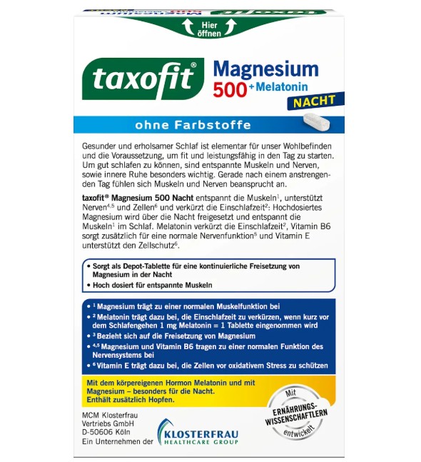 Viên uống taxofit Magnesium Nacht 500 + Melatonin hỗ trợ ngủ ngon, 30 viên Viên uống taxofit Magnesium Nacht 500 + Melatonin hỗ trợ ngủ ngon, 30 viên