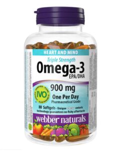 Viên uống Webber Naturals Triple Strength Omega-3 900mg hỗ trợ trí não, tim mạch và thị lực, 80 viên