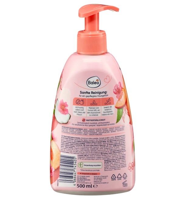 Nước rửa tay Balea Cremeseife Pfirsich & Kokos chiết xuất đào và dừa, 500 ml Nước rửa tay Balea Cremeseife Pfirsich & Kokos chiết xuất đào và dừa, 500 ml