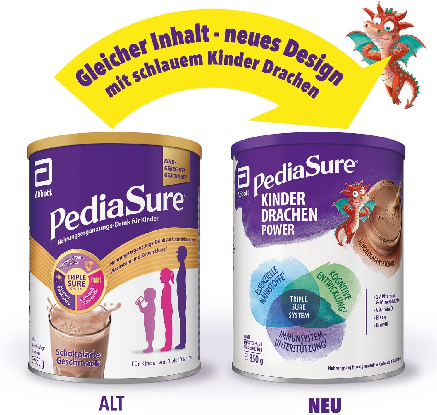 Sữa PediaSure Kinder Drachen Power Schokolade Geschmack tăng chiều cao, tăng đề kháng vị socola, 850g