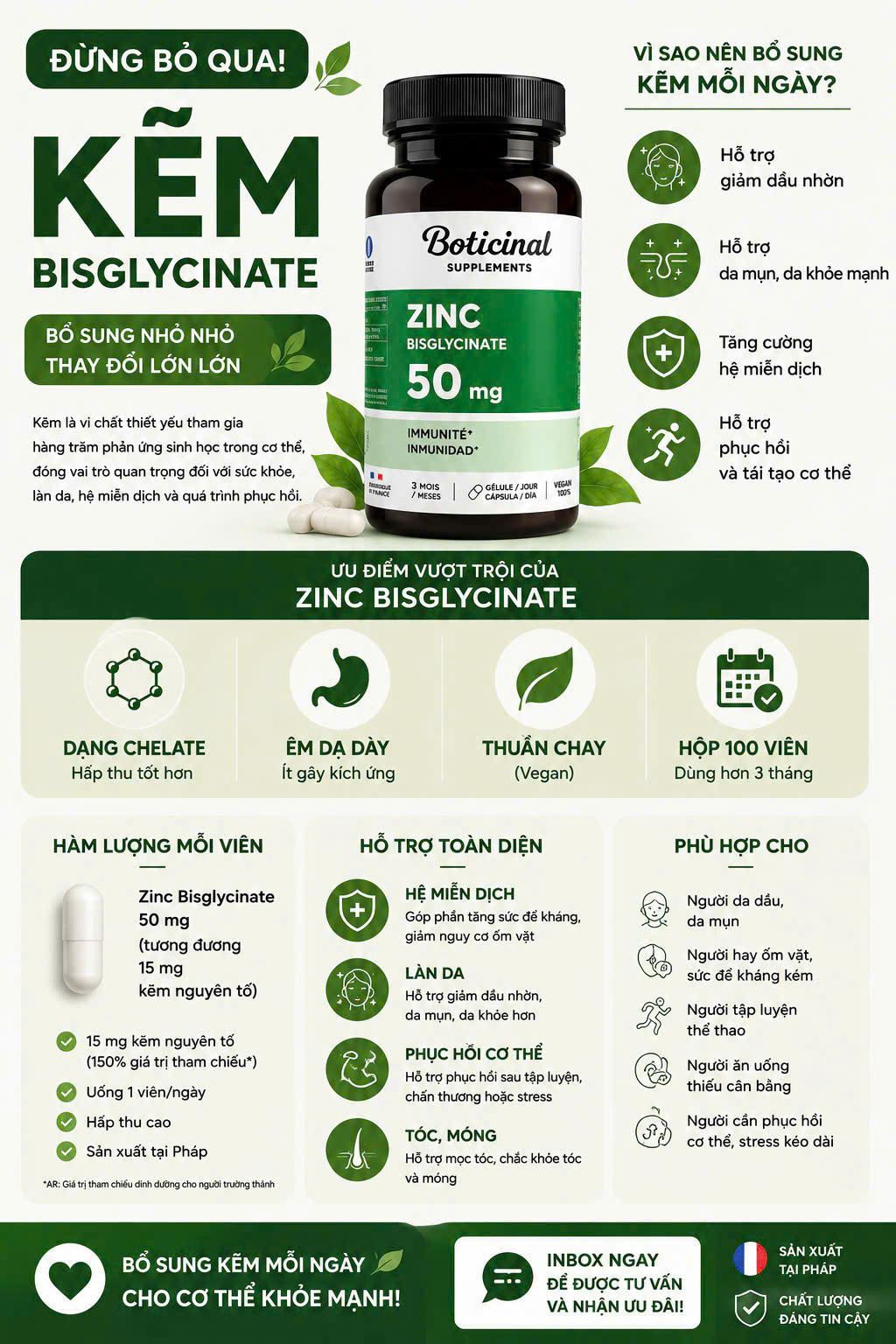 Viên uống Boticinal Zinc Bisglycinate 50mg bổ sung kẽm, 100 viên Viên uống Boticinal Zinc Bisglycinate 50mg bổ sung kẽm, 100 viên