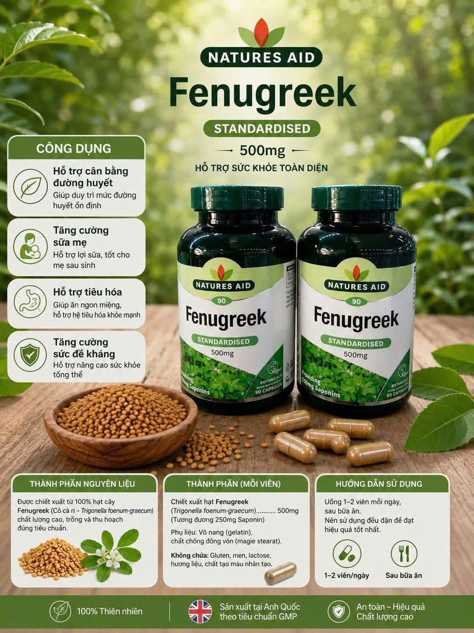 Viên uống lợi sữa Natures Aid Fenugreek 500mg, 90 viên Viên uống lợi sữa Natures Aid Fenugreek 500mg, 90 viên