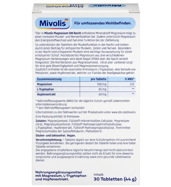 Viên uống Mivolis Magnesium 500 Nacht bổ sung magie ban đêm, 30 viên Viên uống Mivolis Magnesium 500 Nacht bổ sung magie ban đêm, 30 viên