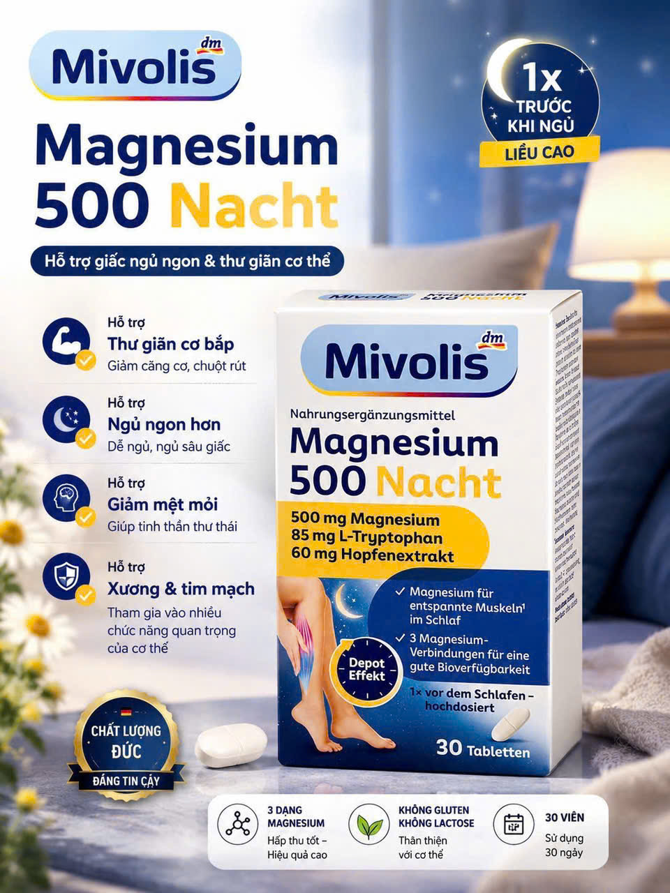 Viên uống Mivolis Magnesium 500 Nacht bổ sung magie ban đêm, 30 viên Viên uống Mivolis Magnesium 500 Nacht bổ sung magie ban đêm, 30 viên