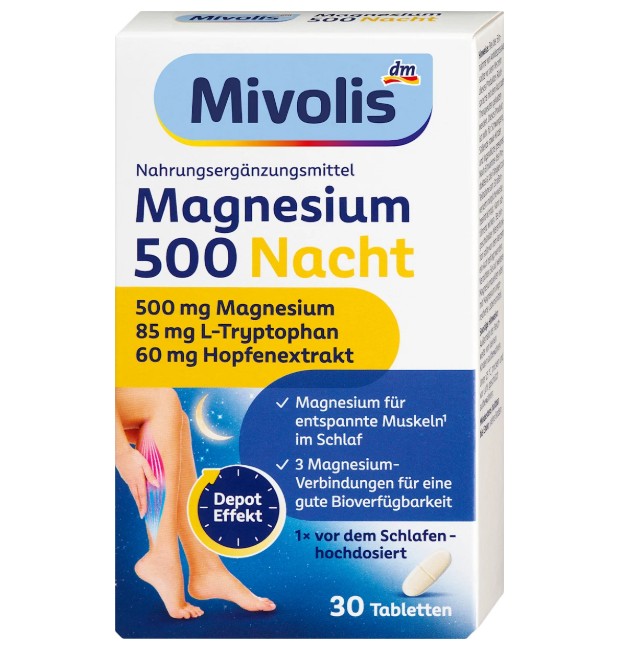 Viên uống Mivolis Magnesium 500 Nacht bổ sung magie ban đêm, 30 viên Viên uống Mivolis Magnesium 500 Nacht bổ sung magie ban đêm, 30 viên