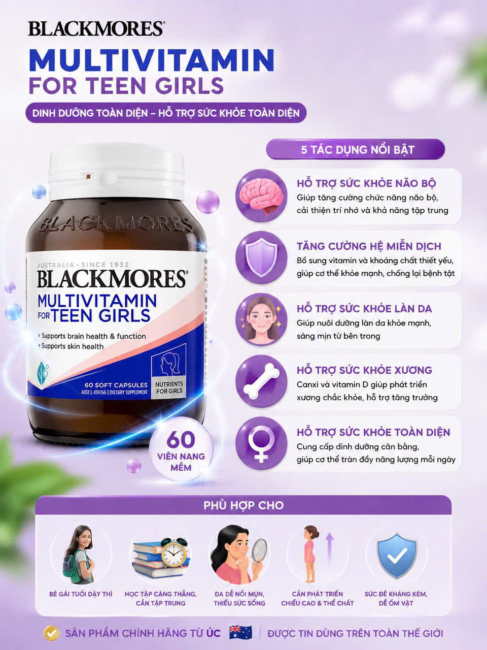 Vitamin tổng hợp cho bé gái Blackmores Multivitamin For Teen Girls, 60 viên Vitamin tổng hợp cho bé gái Blackmores Multivitamin For Teen Girls, 60 viên
