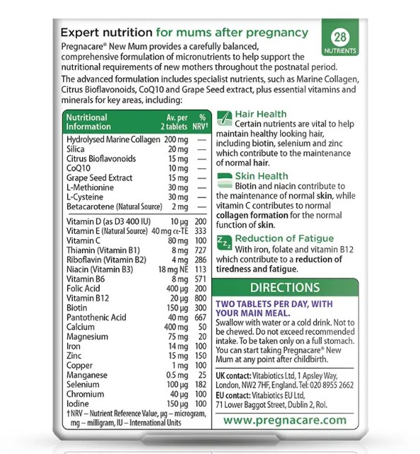 Vitamin tổng hợp Vitabiotics Pregnacare New Mum cho phụ nữ sau sinh, 56 viên Vitamin tổng hợp Vitabiotics Pregnacare New Mum cho phụ nữ sau sinh, 56 viên