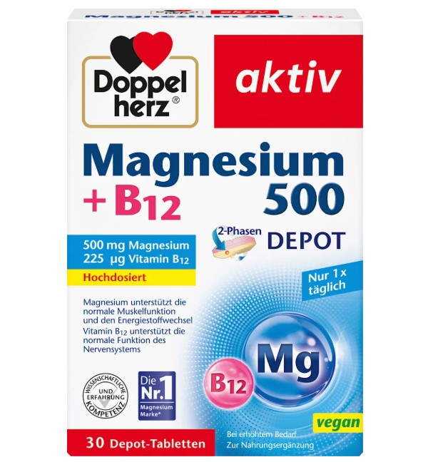 Viên uống bổ sung magie Doppelherz Magnesium 500 + B12, 30 viên Viên uống bổ sung magie Doppelherz Magnesium 500 + B12, 30 viên