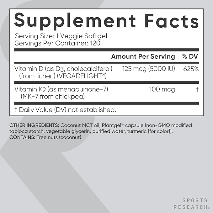 Viên uống bổ sung vitamin D3 K2 Sports Research D3 + K2, 160 viên