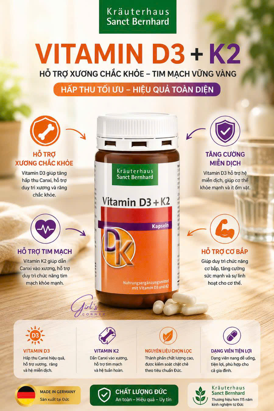 Viên uống Sanct Bernhard Vitamin D3 + K2 hỗ trợ hệ xương và hệ miễn dịch, 180 viên Viên uống Sanct Bernhard Vitamin D3 + K2 hỗ trợ hệ xương và hệ miễn dịch, 180 viên