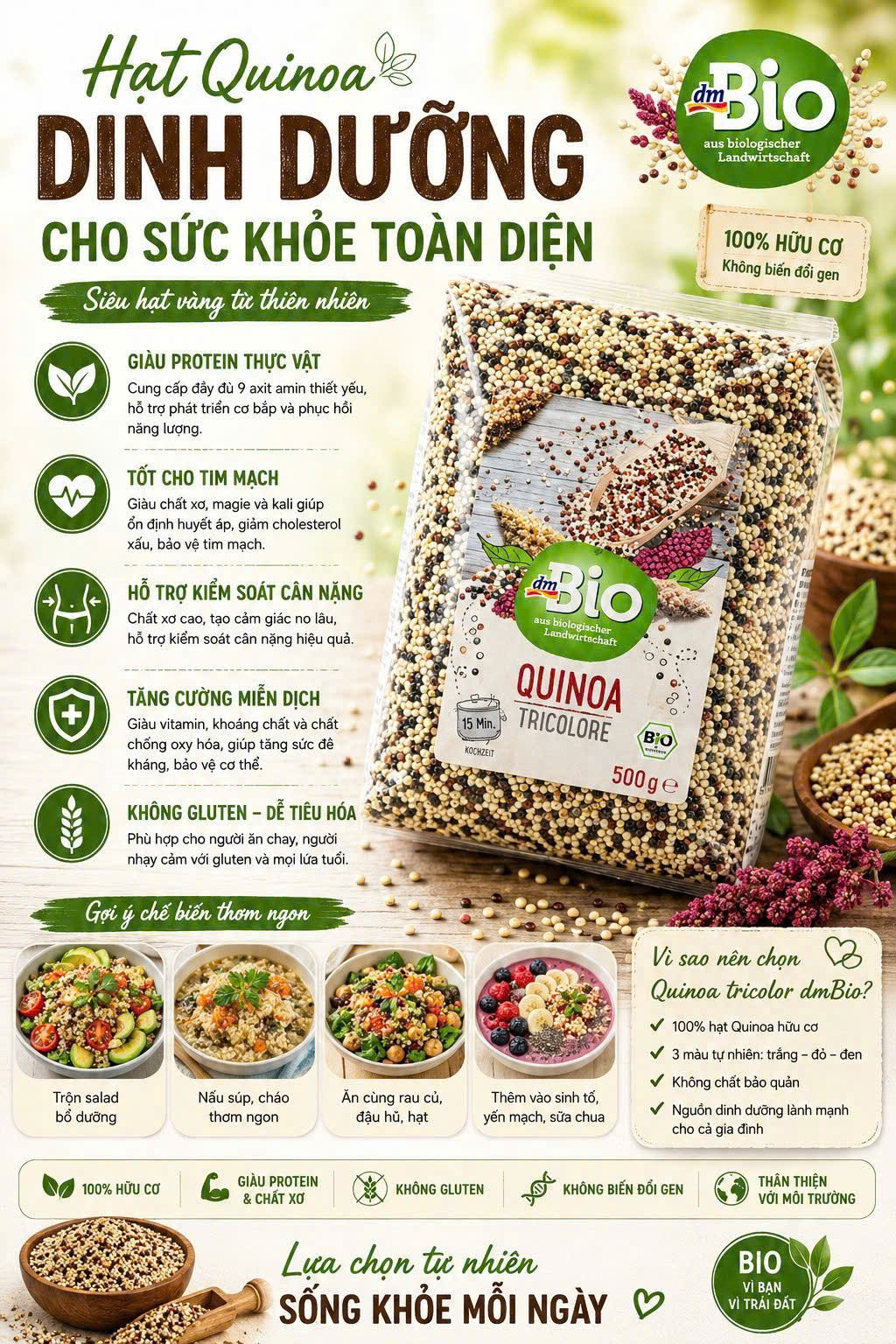 Hạt diêm mạch 3 màu hữu cơ dmBio Quinoa Tricolore, 500 g Hạt diêm mạch 3 màu hữu cơ dmBio Quinoa Tricolore, 500 g