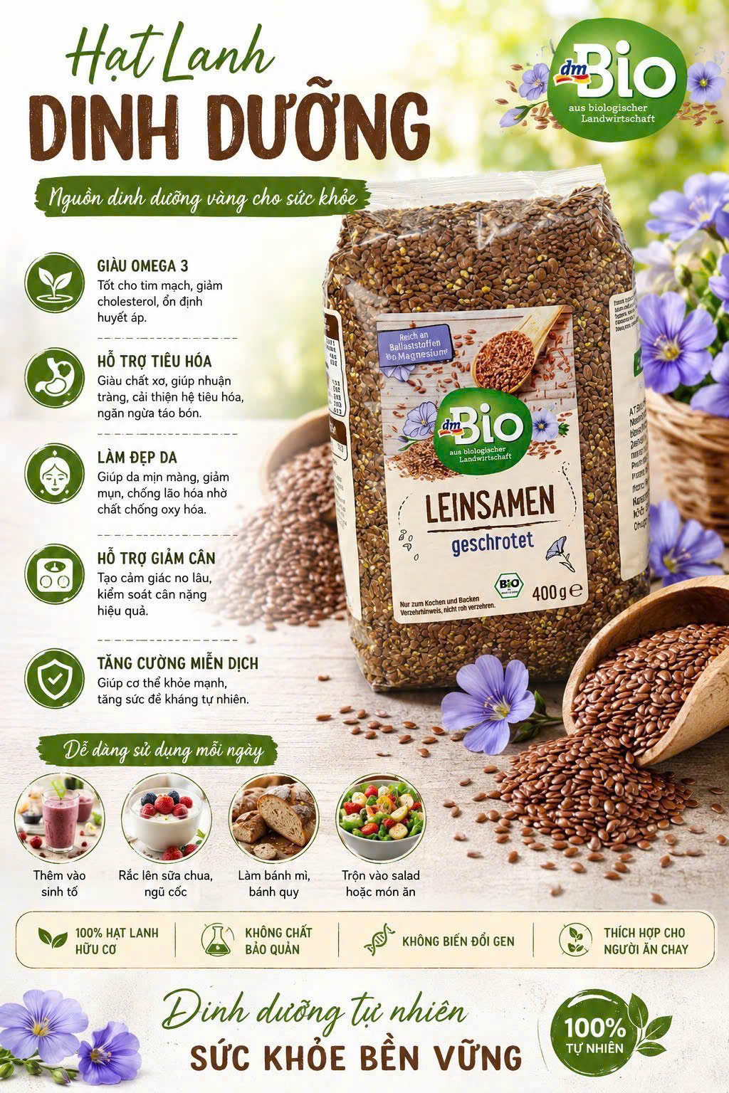 Hạt lanh xay hữu cơ dmBio Leinsamen Geschrotet, 400 g Hạt lanh xay hữu cơ dmBio Leinsamen Geschrotet, 400 g