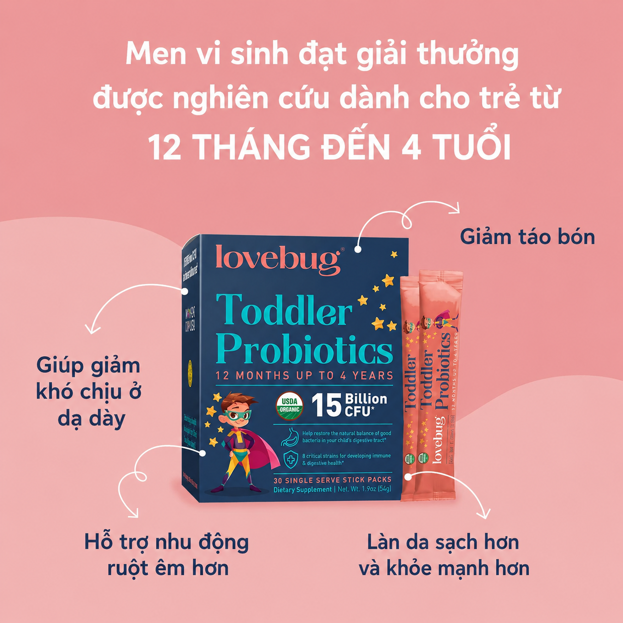 Men vi sinh Lovebug Toddler Probiotics cho trẻ từ 1-4 tuổi, 30 gói Men vi sinh Lovebug Toddler Probiotics cho trẻ từ 1-4 tuổi, 30 gói