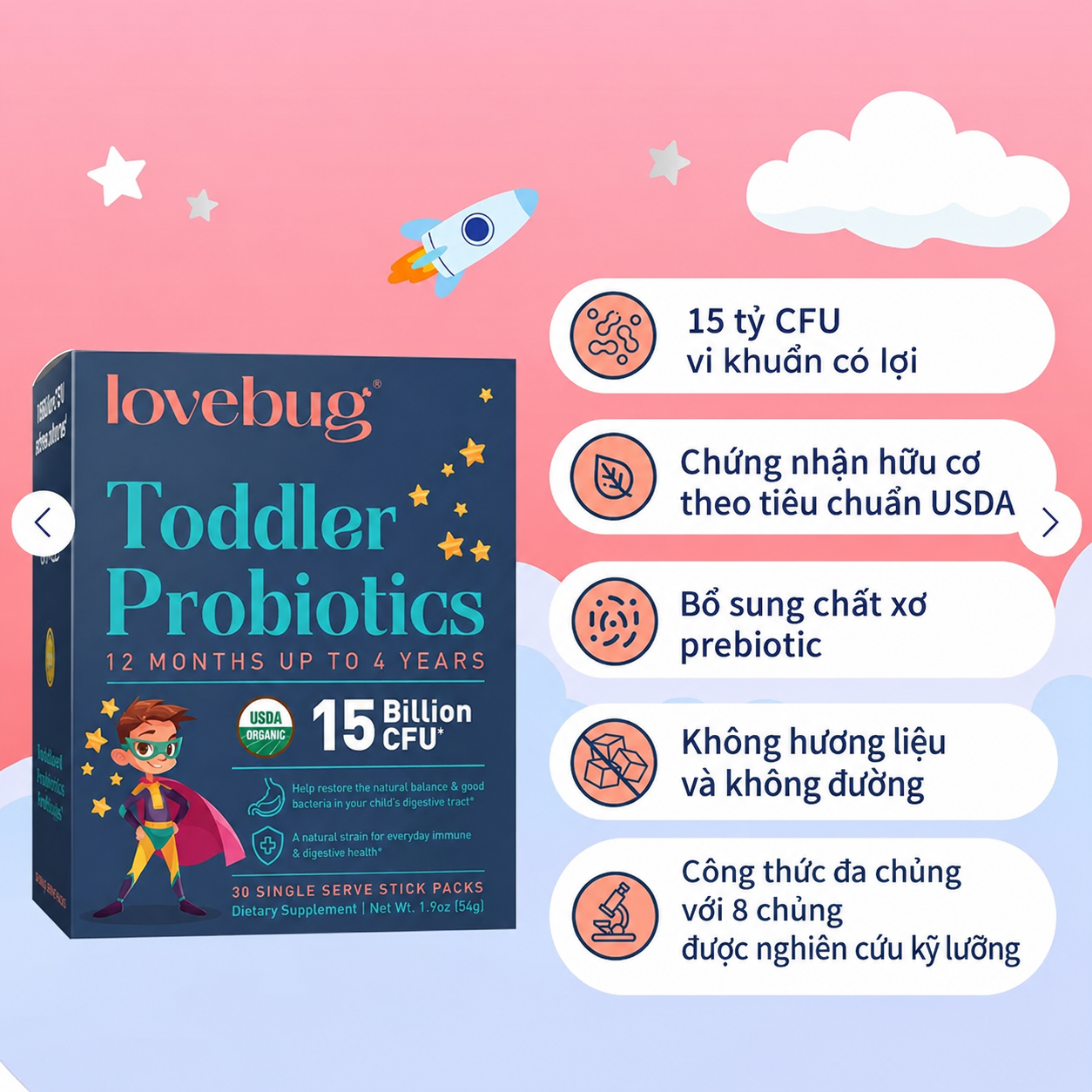 Men vi sinh Lovebug Toddler Probiotics cho trẻ từ 1-4 tuổi, 30 gói Men vi sinh Lovebug Toddler Probiotics cho trẻ từ 1-4 tuổi, 30 gói