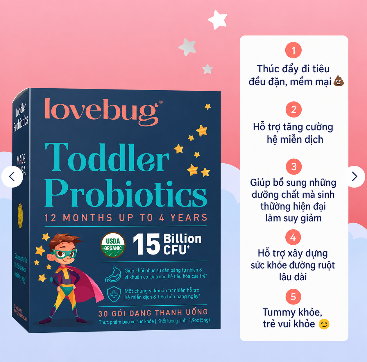 Men vi sinh Lovebug Toddler Probiotics cho trẻ từ 1-4 tuổi, 30 gói Men vi sinh Lovebug Toddler Probiotics cho trẻ từ 1-4 tuổi, 30 gói