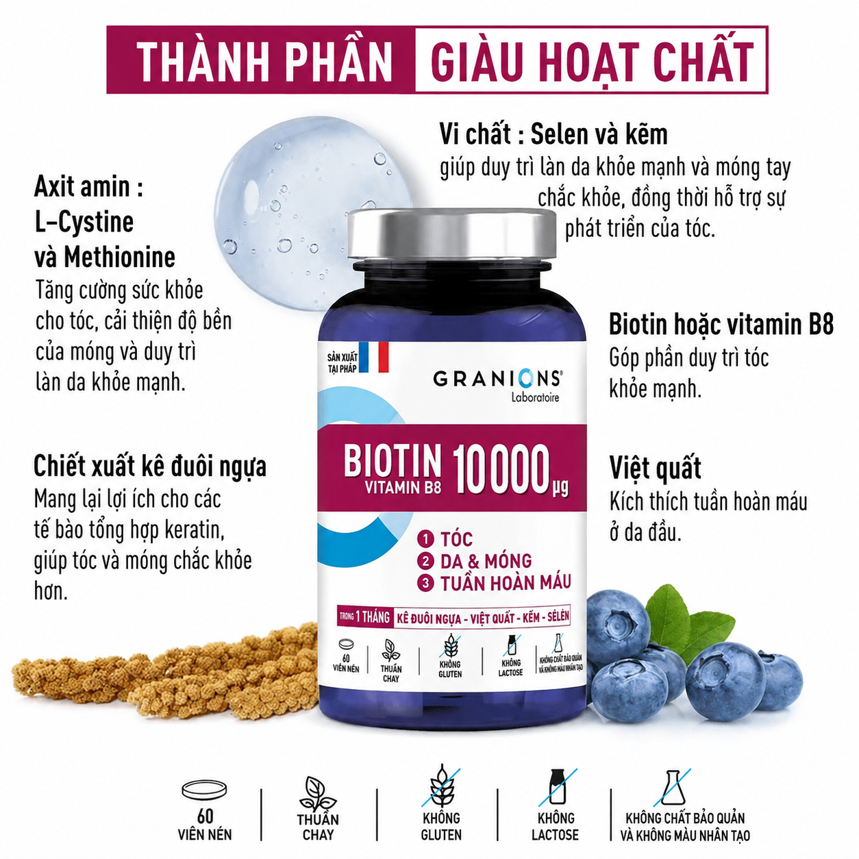 Viên uống Granions Biotin 10.000 µg đẹp da, tóc, móng, hỗ trợ mọc tóc, 60 viên Viên uống Granions Biotin 10.000 µg đẹp da, tóc, móng, hỗ trợ mọc tóc, 60 viên