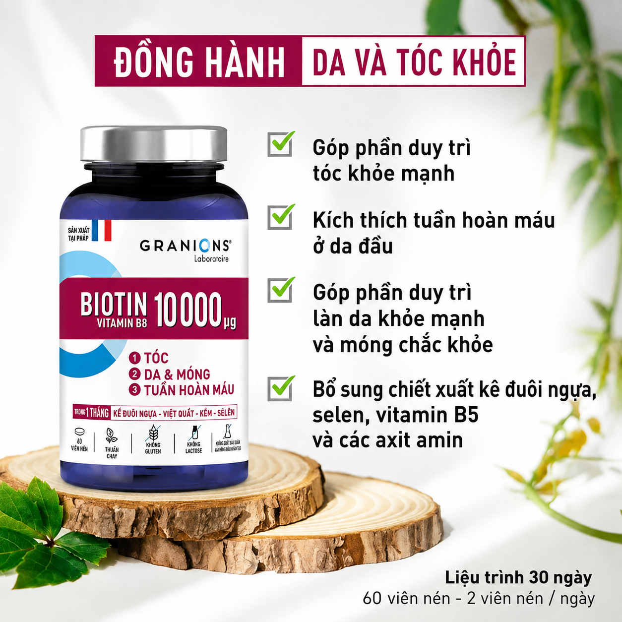 Viên uống Granions Biotin 10.000 µg đẹp da, tóc, móng, hỗ trợ mọc tóc, 60 viên Viên uống Granions Biotin 10.000 µg đẹp da, tóc, móng, hỗ trợ mọc tóc, 60 viên