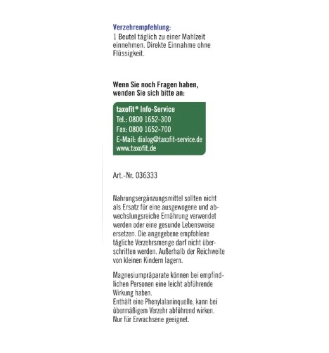 Viên ngậm taxofit Magnesium 400 + B1 + B6 + B12 + Folsäure, 20 gói Viên ngậm taxofit Magnesium 400 + B1 + B6 + B12 + Folsäure, 20 gói