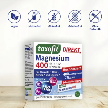 Viên ngậm taxofit Magnesium 400 + B1 + B6 + B12 + Folsäure, 20 gói Viên ngậm taxofit Magnesium 400 + B1 + B6 + B12 + Folsäure, 20 gói