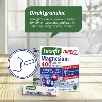 Viên ngậm taxofit Magnesium 400 + B1 + B6 + B12 + Folsäure, 20 gói Viên ngậm taxofit Magnesium 400 + B1 + B6 + B12 + Folsäure, 20 gói