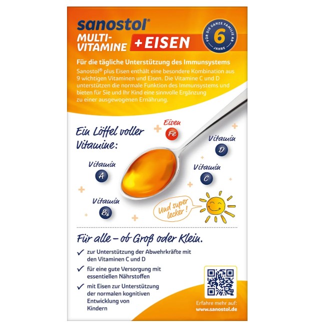 Vitamin tổng hợp Sanostol số 6 + sắt cho trẻ từ 6 tuổi, 460ml Vitamin tổng hợp Sanostol số 6 + sắt cho trẻ từ 6 tuổi, 460ml