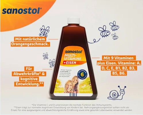 Vitamin tổng hợp Sanostol số 6 + sắt cho trẻ từ 6 tuổi, 460ml Vitamin tổng hợp Sanostol số 6 + sắt cho trẻ từ 6 tuổi, 460ml