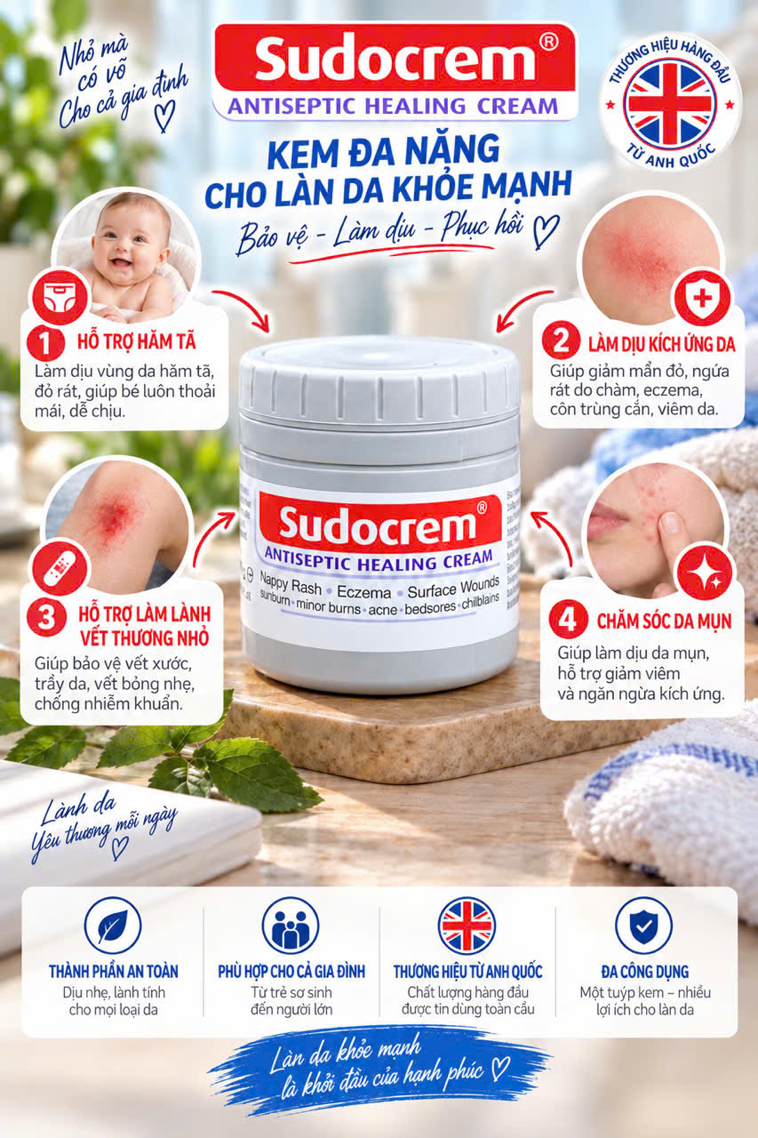 Kem chống hăm Sudocrem Antiseptic Healing Cream, 60g Kem chống hăm Sudocrem Antiseptic Healing Cream, 60g