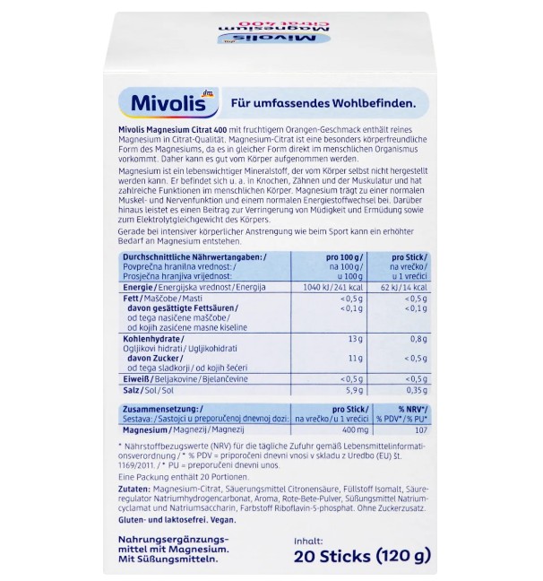 Mivolis Magnesium Citrat 400 Granulat bổ sung magie citrate, 20 gói Mivolis Magnesium Citrat 400 Granulat bổ sung magie citrate, 20 gói