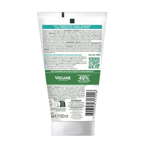 Sữa Rửa Mặt Garnier Hautklar Salicylic 3in1 Tonerde: Rửa mặt + Tẩy da chết + Mặt nạ, 150ml Sữa Rửa Mặt Garnier Hautklar Salicylic 3in1 Tonerde: Rửa mặt + Tẩy da chết + Mặt nạ, 150ml